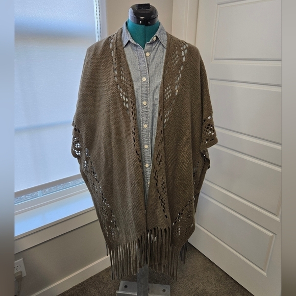 BUCKLE BLACK FRINGE CARDIGAN SWEATER OPEN FRONT MAJOR BROWN WOMEN OS BOHO LAYER - Picture 3 of 13